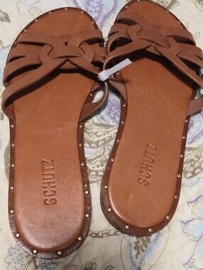 NWOT Schutz  Pheonix Flat Leather Women's Sandals In Brown Size 9.5B
